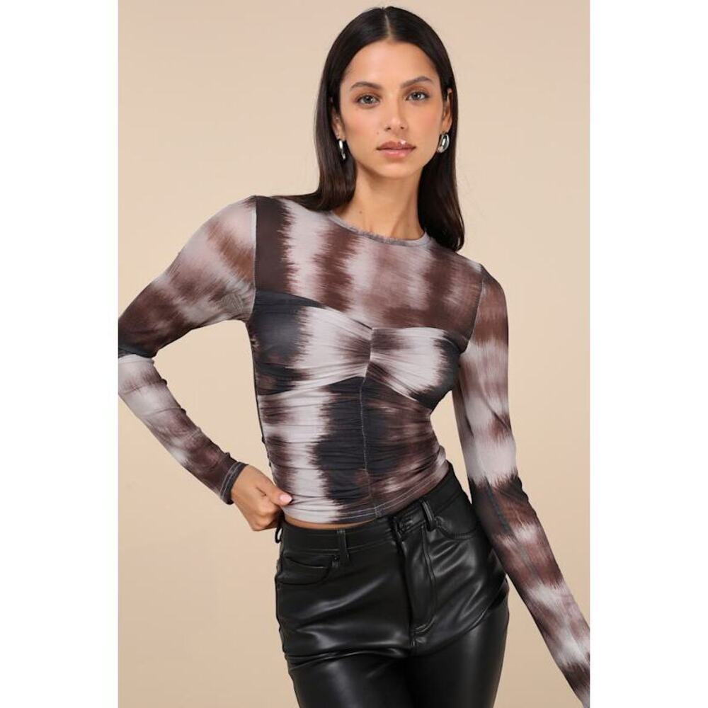Lulus Instant Trend Grey And Brown Ombre Mesh Ruched Long Sleeve Top - Size XS